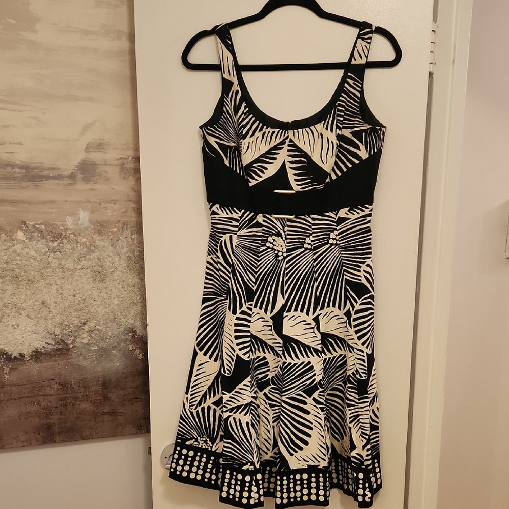 Nine West Black & Cream Tropical-Print Midi Dress